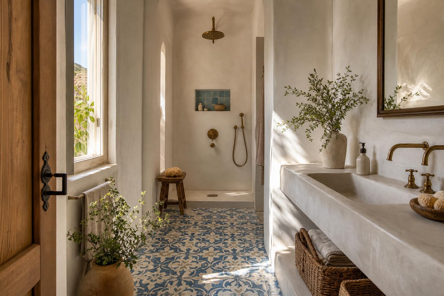 Blue and White Mediterranean Bathroom Tile Ideas for Small Bathrooms