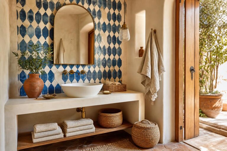 Blue and White Mediterranean Bathroom Tile Ideas for Small Bathrooms