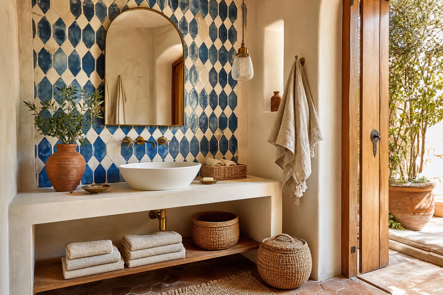 Blue and White Mediterranean Bathroom Tile Ideas for Small Bathrooms