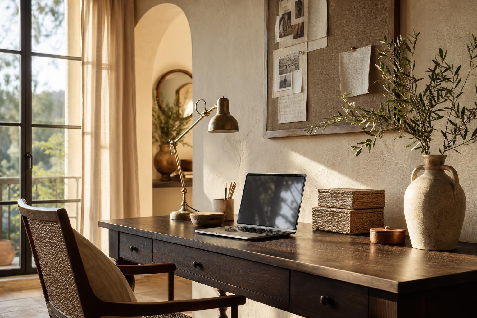 Mediterranean Home Office Ideas for Beautiful Video Calls With Limewashed Walls and Woven Storage