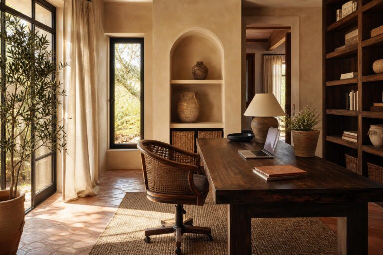 Mediterranean Home Office Ideas for Beautiful Video Calls With Limewashed Walls and Woven Storage