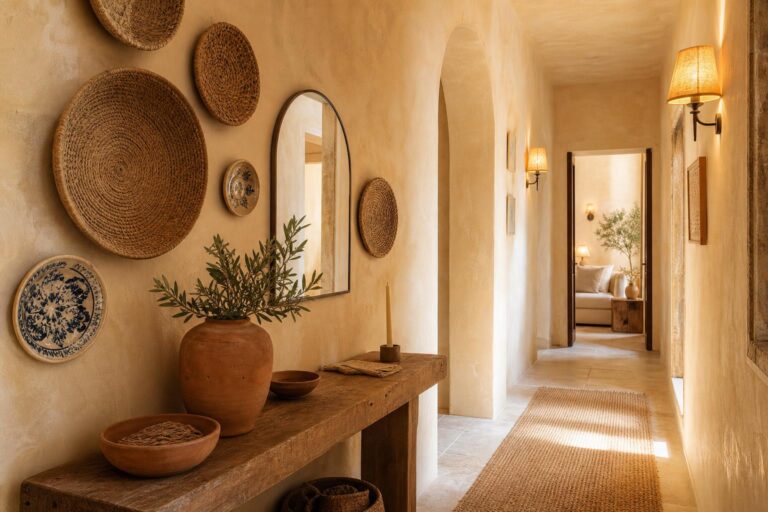 Rental-Friendly Mediterranean Wall Decor Ideas for Narrow Hallways With Woven Textures