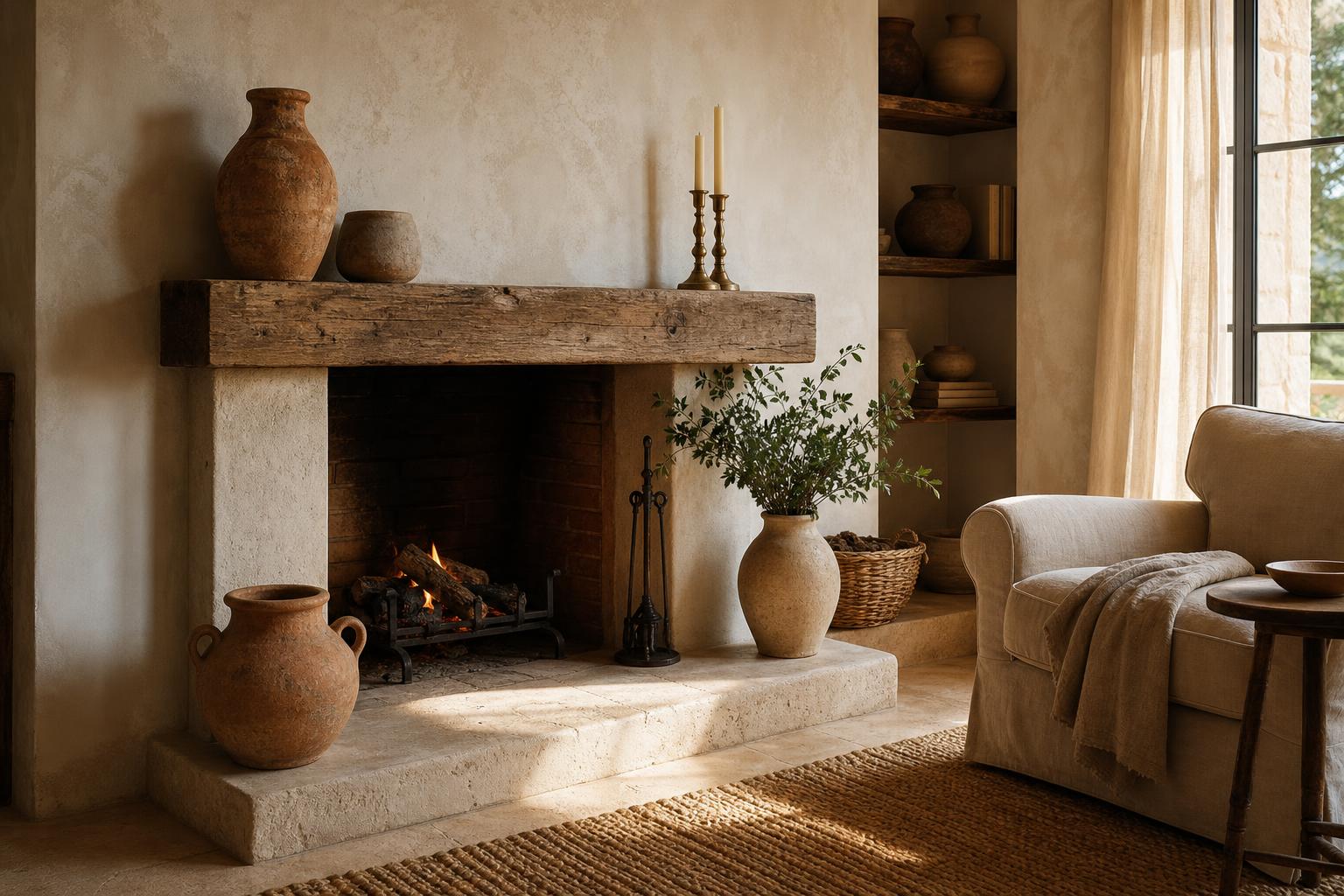 Rustic Mediterranean Fireplace Ideas for Small Living Rooms With Limestone and Plaster