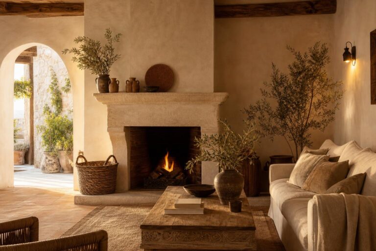 Rustic Mediterranean Fireplace Ideas for Small Living Rooms With Limestone and Plaster