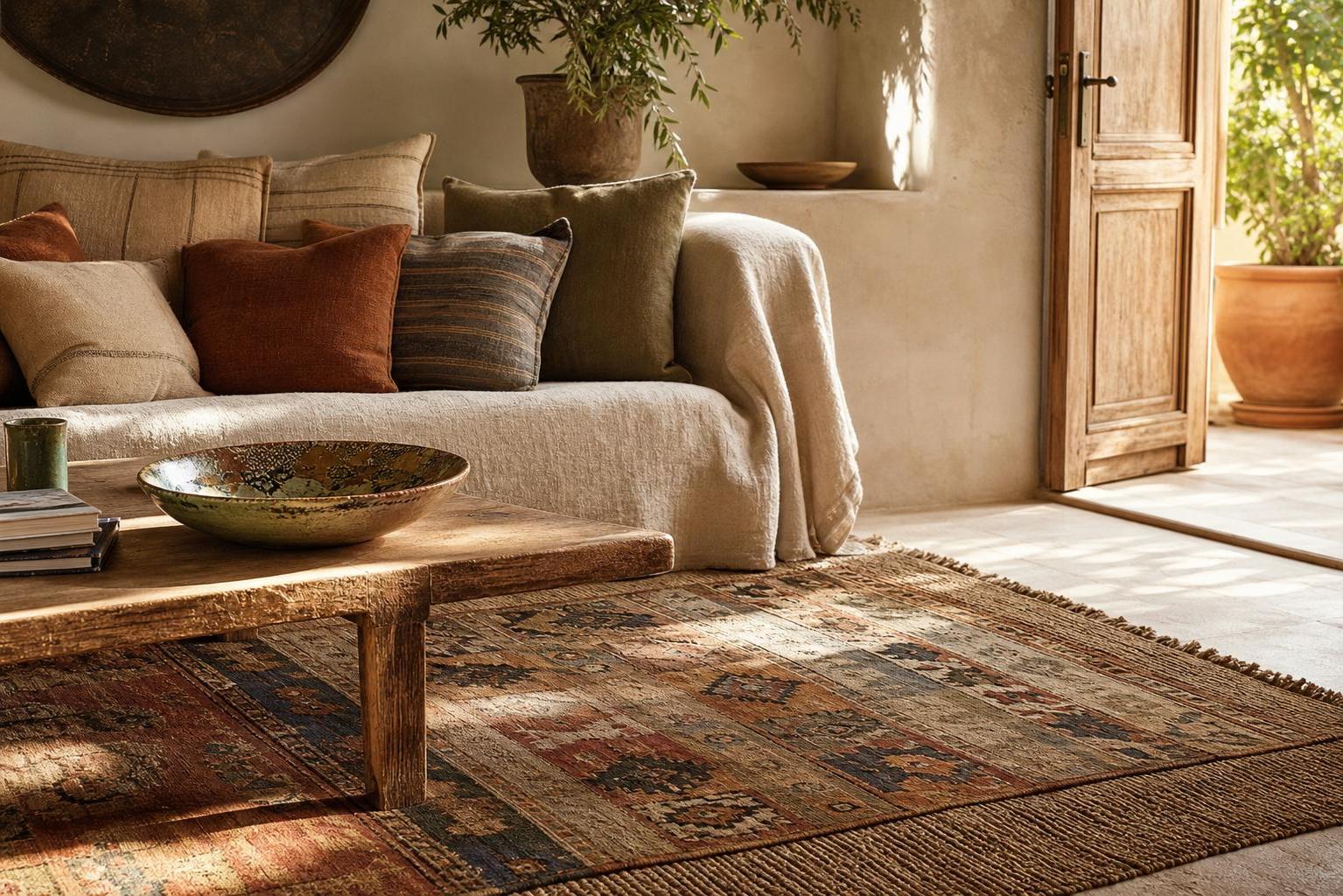 Layered Mediterranean Rug Ideas for Neutral Living Rooms With Jute and Vintage Kilim Patterns
