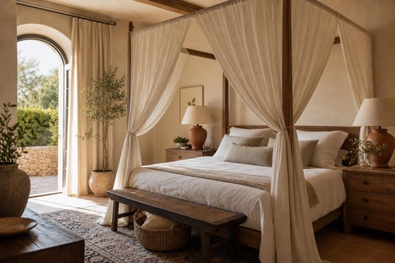Cozy Mediterranean Bedroom Ideas With Linen Canopies and Limewash Walls