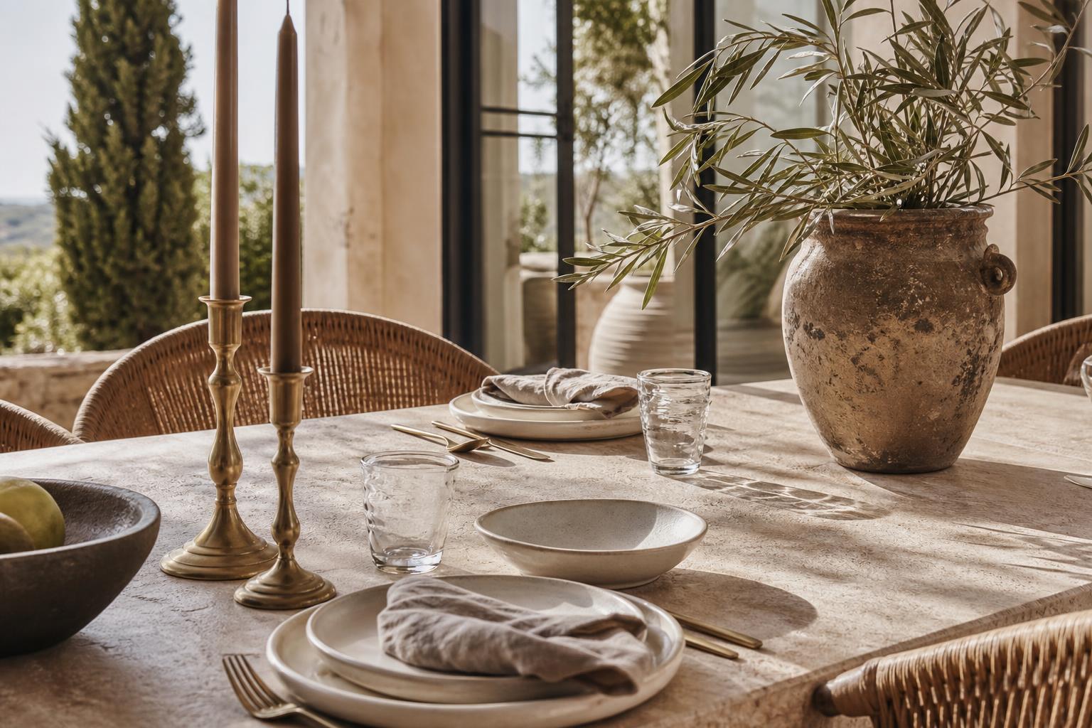 Mediterranean Dining Room Ideas With Travertine Tables and Woven Chairs for Family Gatherings