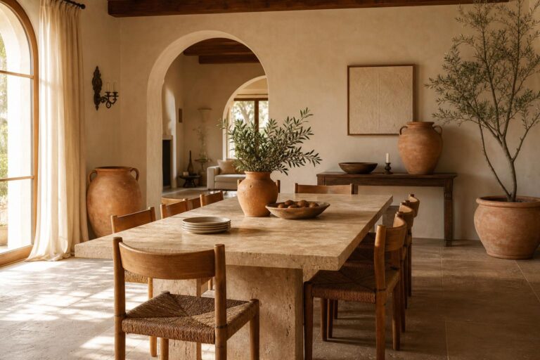 Mediterranean Dining Room Ideas With Travertine Tables and Woven Chairs for Family Gatherings