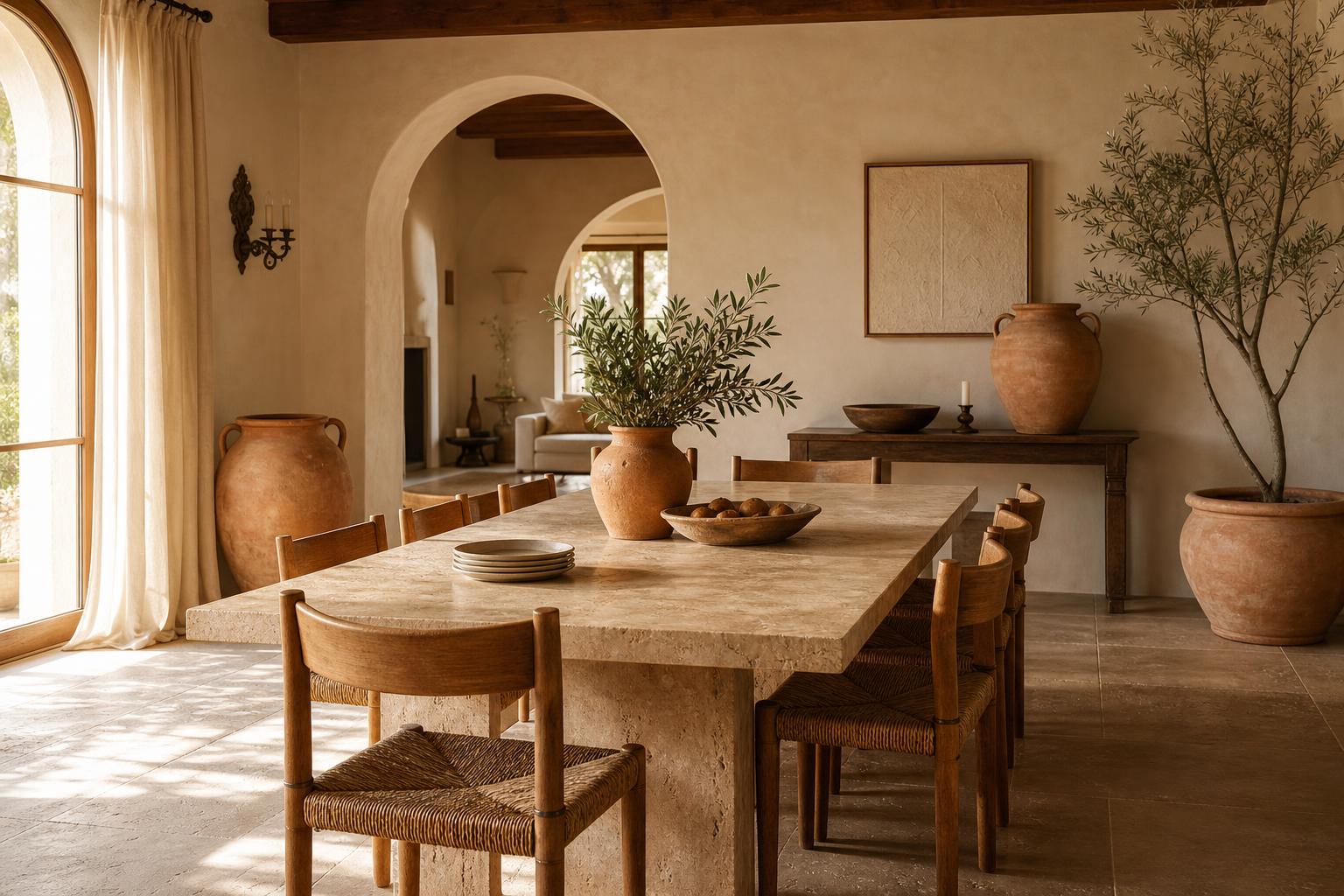 Mediterranean Dining Room Ideas With Travertine Tables and Woven Chairs for Family Gatherings