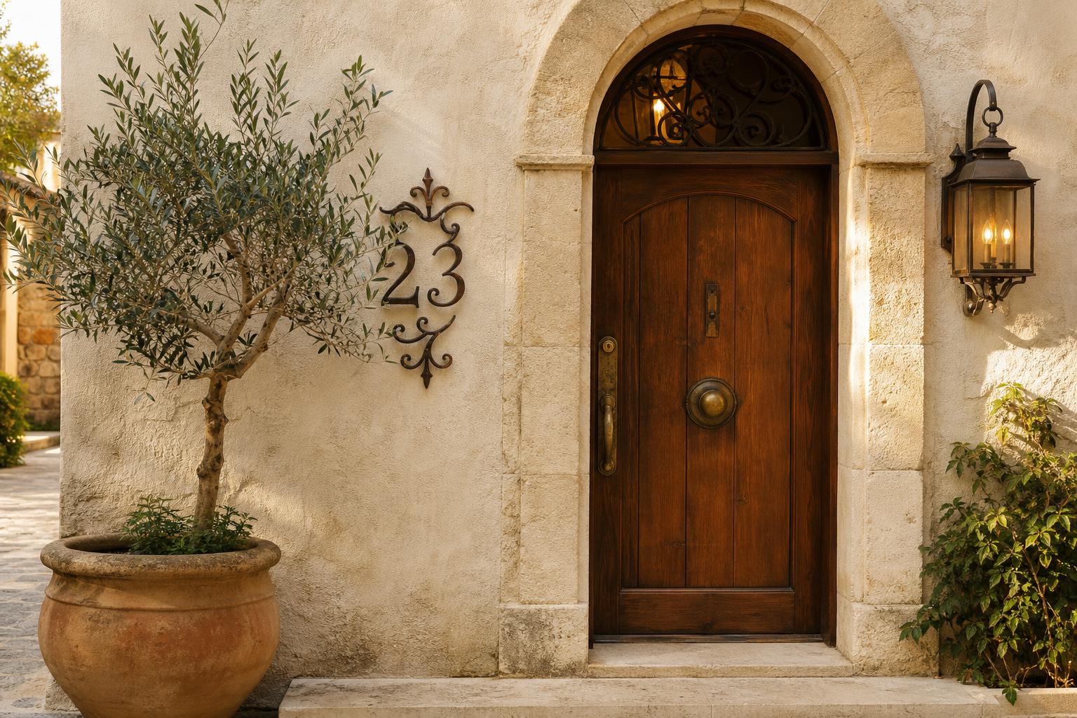 Mediterranean House Exterior Ideas With Cream Stucco and Wrought Iron for Narrow Lots