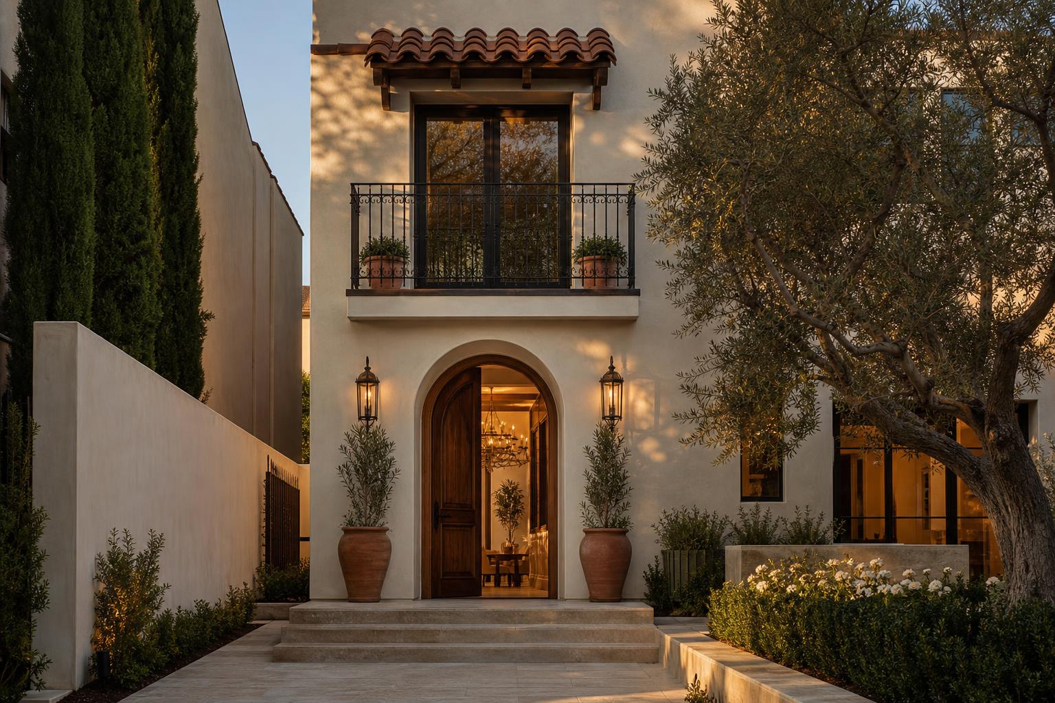 Mediterranean House Exterior Ideas With Cream Stucco and Wrought Iron for Narrow Lots