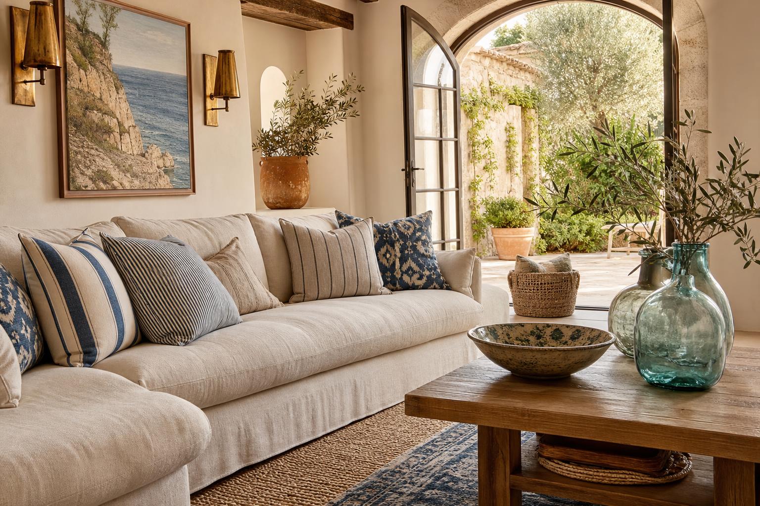 Sun-Washed Mediterranean Living Room Ideas With Slipcovered Sofas and Sea-Glass Accents