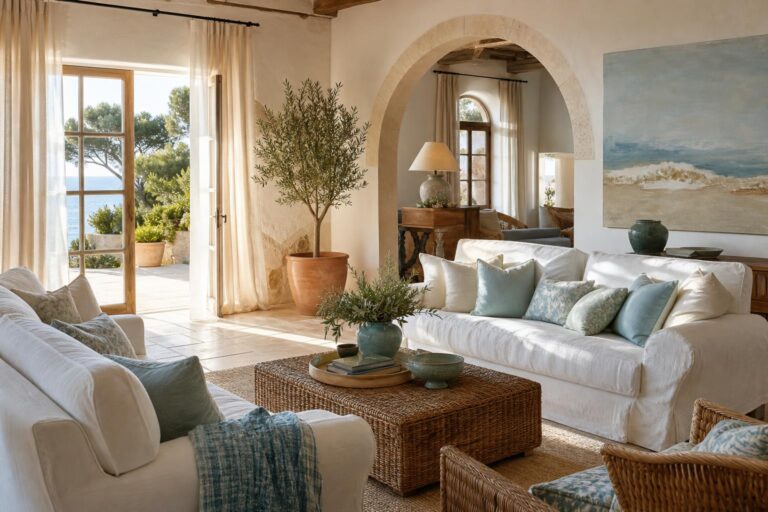 Sun-Washed Mediterranean Living Room Ideas With Slipcovered Sofas and Sea-Glass Accents
