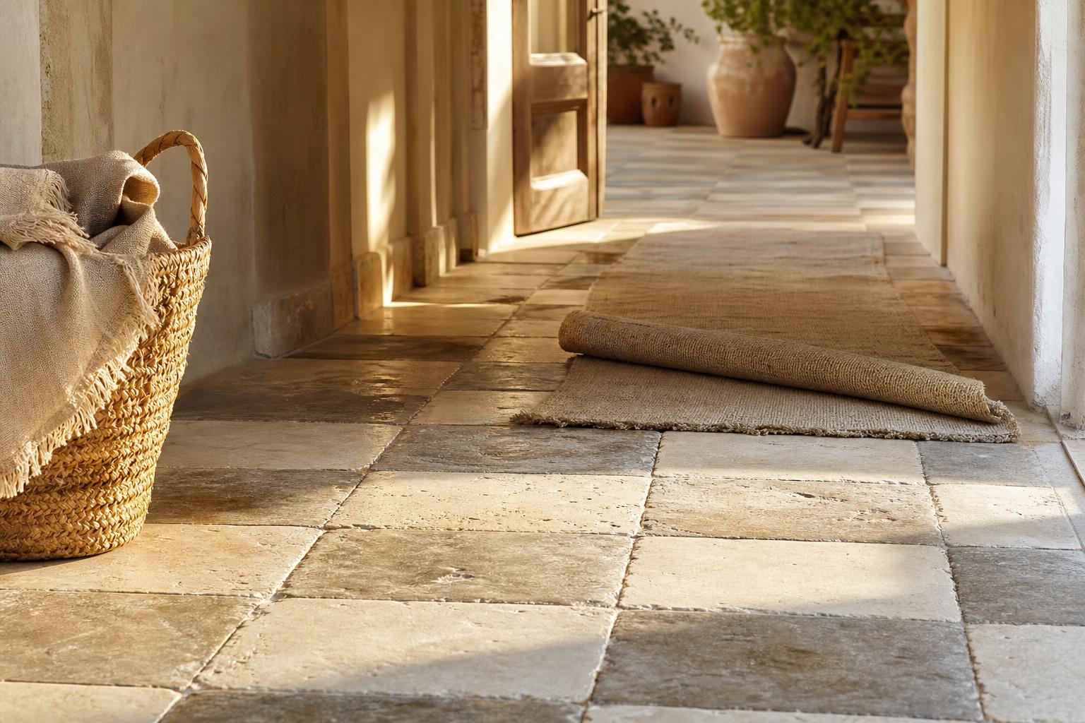 Mediterranean Floor Tile Ideas With Limestone Checkerboard for Cool Hallways