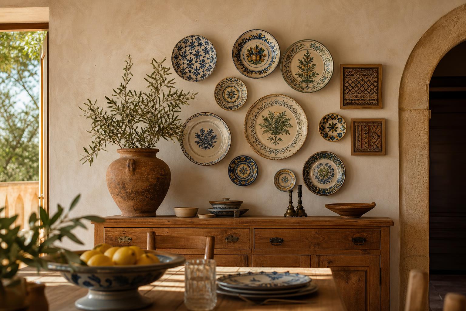 Mediterranean Wall Decor Ideas With Hand-Painted Plates for Dining Rooms