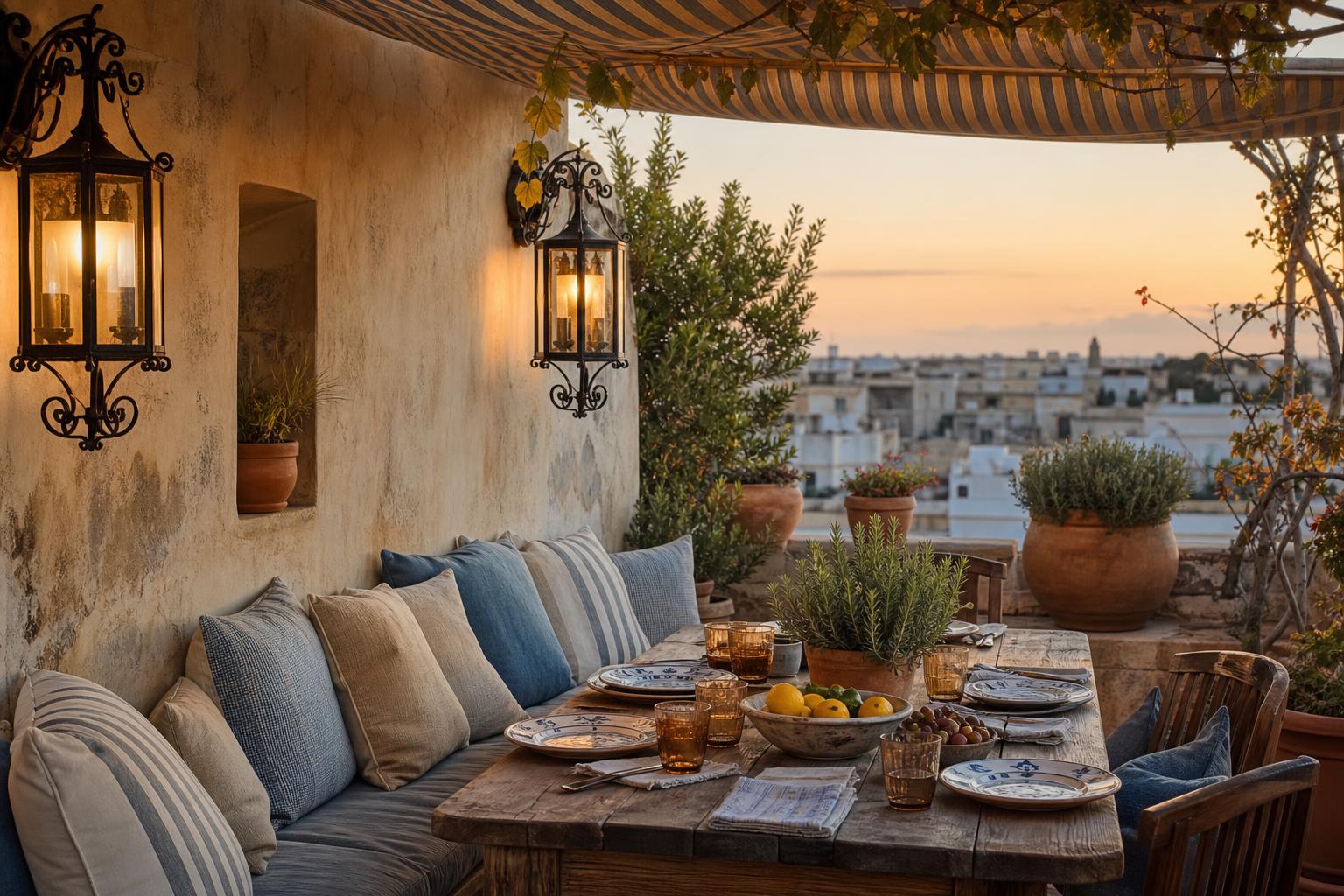 Mediterranean Terrace Ideas With Built-In Benches and Striped Awnings for Rooftop Dining