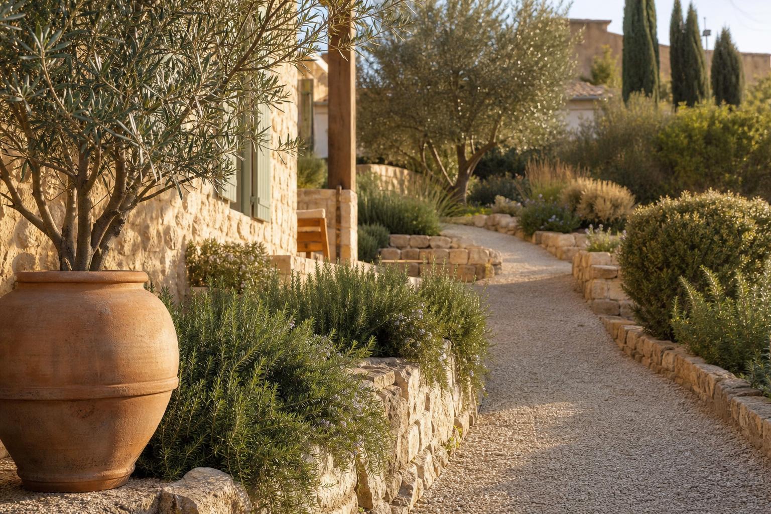 Mediterranean Landscaping Ideas With Gravel, Rosemary, and Olive Trees for Sloped Front Yards