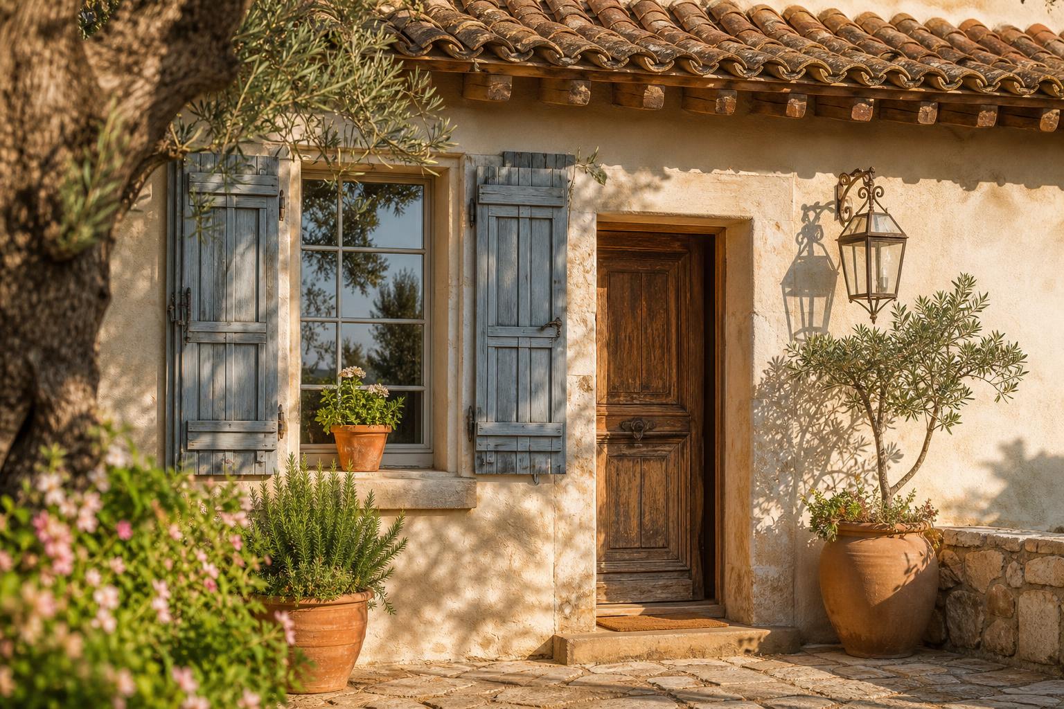 Mediterranean House Exterior Ideas With Clay Roof Tiles and Painted Shutters for Single-Story Homes
