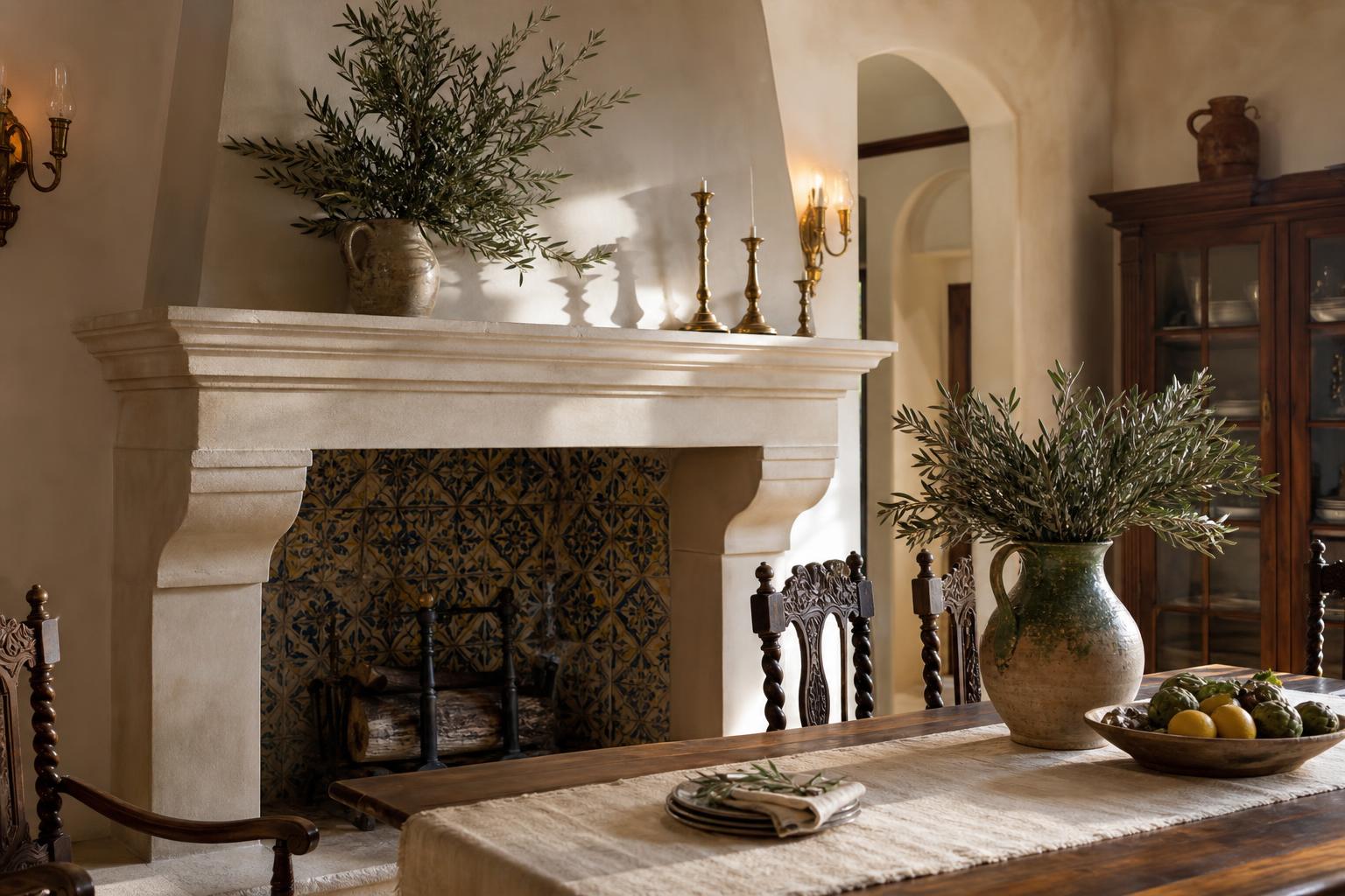 Mediterranean Dining Room Fireplace Ideas With Hand-Painted Tile Surrounds