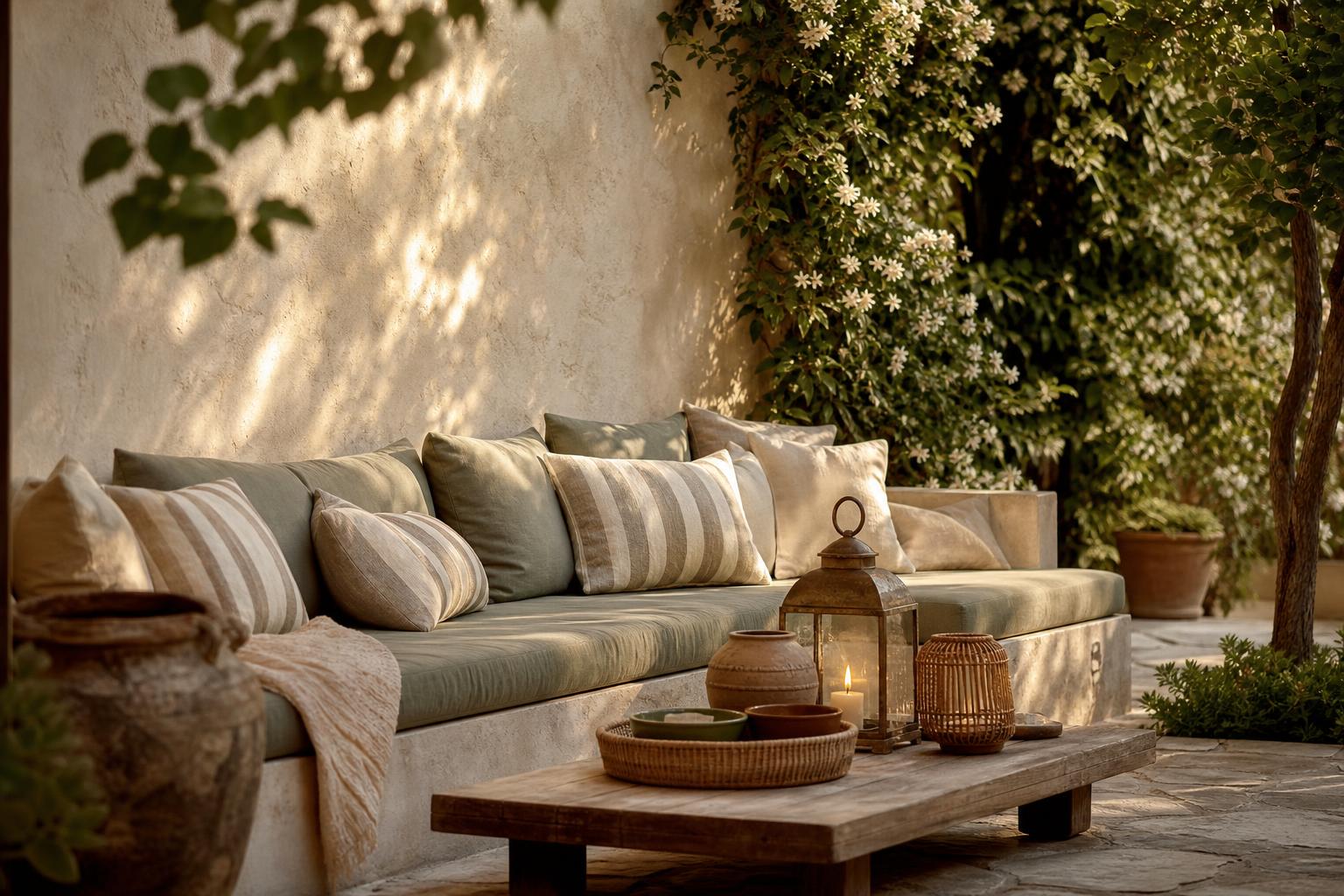 Mediterranean Patio Ideas With Tadelakt Walls and Sage Green Cushions for Shaded Side Yards