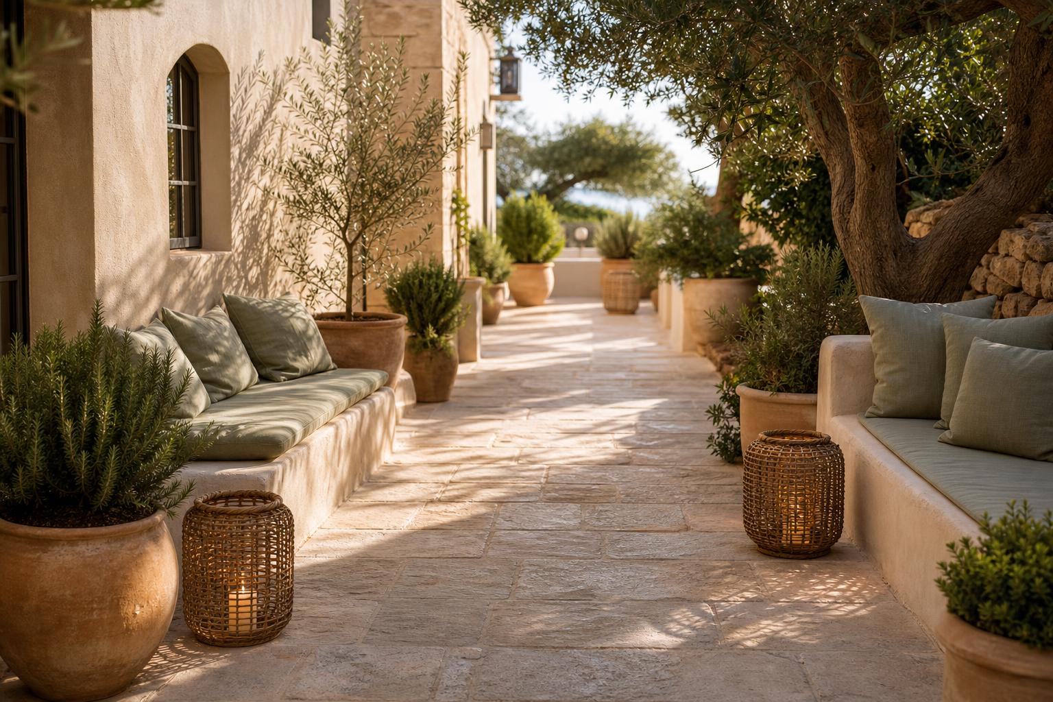 Mediterranean Patio Ideas With Tadelakt Walls and Sage Green Cushions for Shaded Side Yards