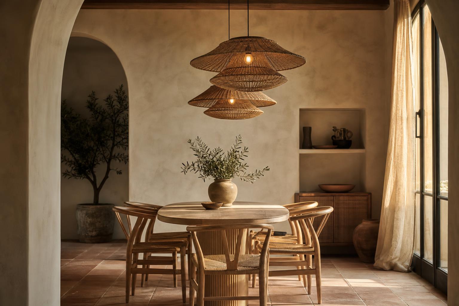 Mediterranean Pendant Lighting Ideas With Woven Rattan Shades for Low-Ceiling Dining Rooms