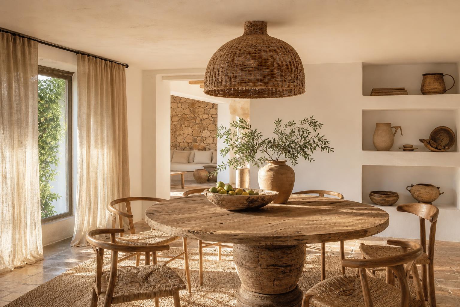 Mediterranean Pendant Lighting Ideas With Woven Rattan Shades for Low-Ceiling Dining Rooms