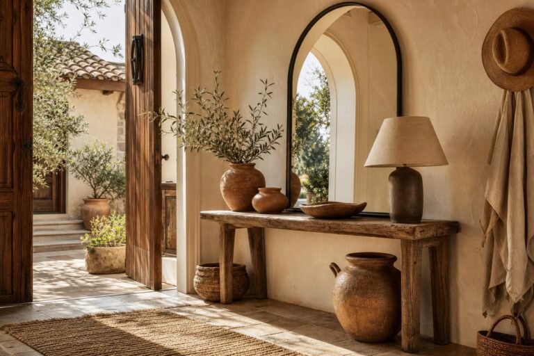 Rental-Friendly Mediterranean Entryway Ideas With Arched Mirrors and Terracotta Accents
