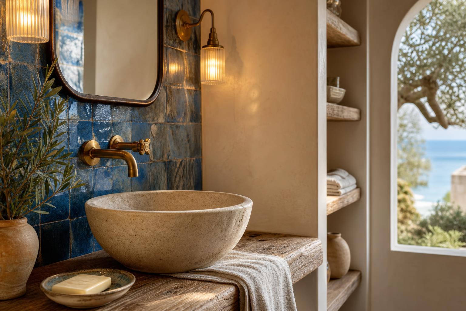 Small Mediterranean Bathroom Ideas With Blue Zellige Tile and Warm Brass Lighting