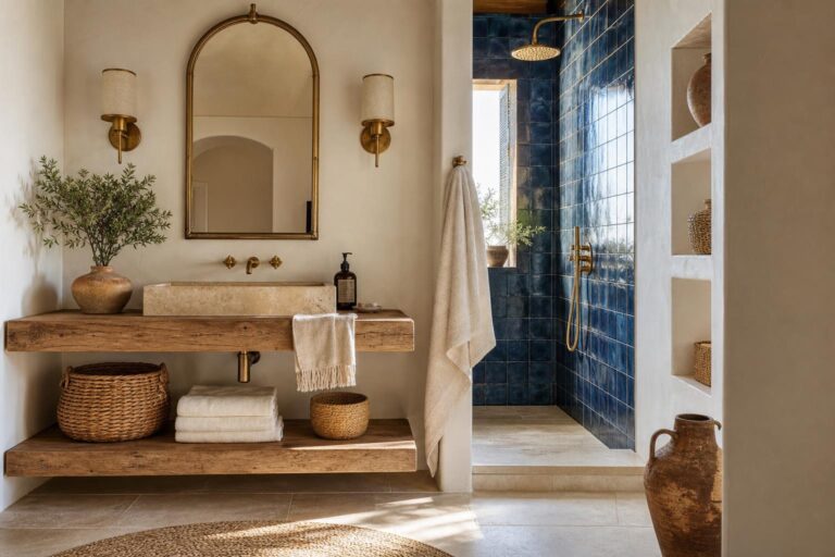 Small Mediterranean Bathroom Ideas With Blue Zellige Tile and Warm Brass Lighting