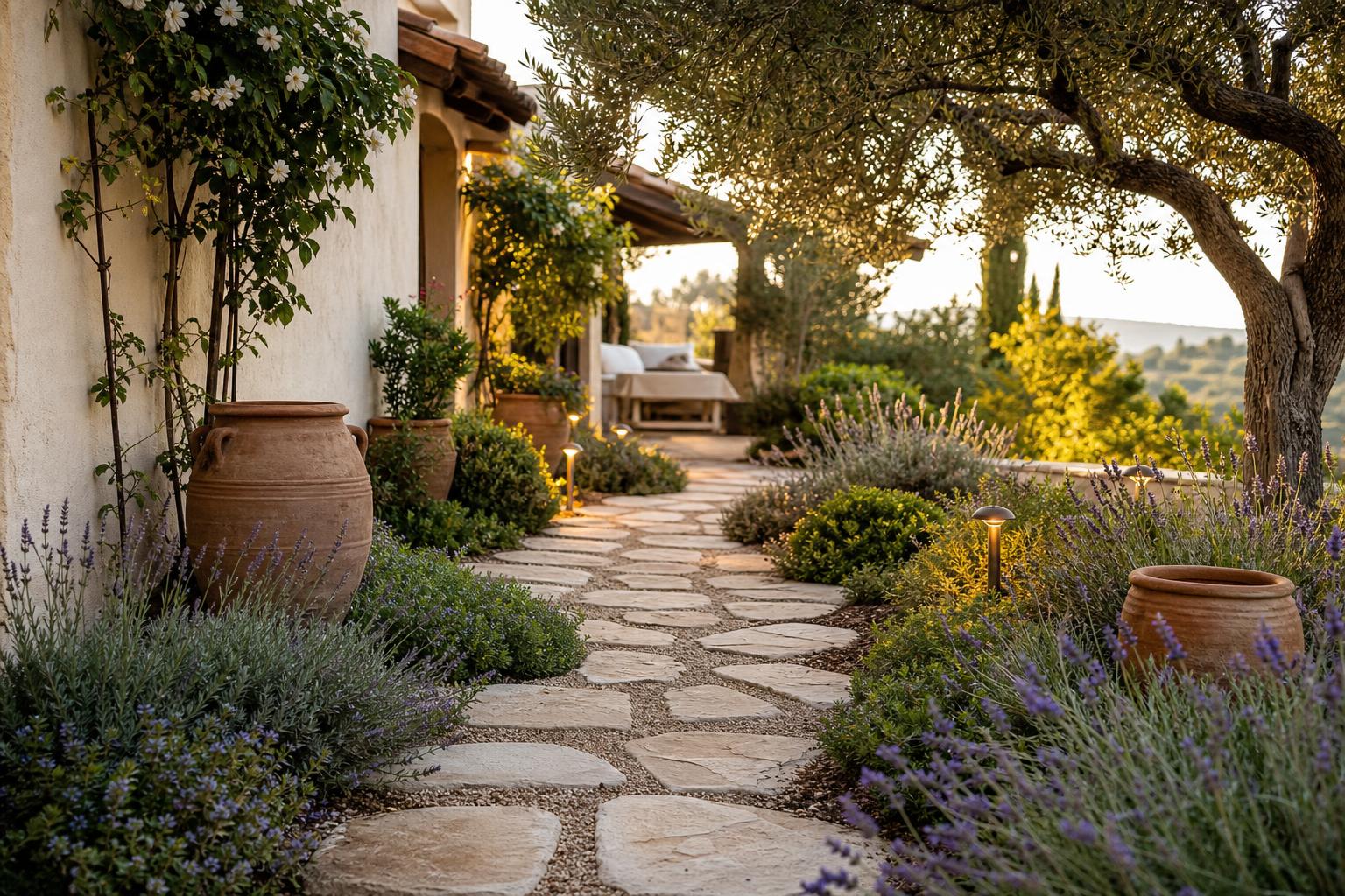 Mediterranean Garden Ideas With Lavender Borders and Reclaimed Stone Paths for Narrow Side Yards
