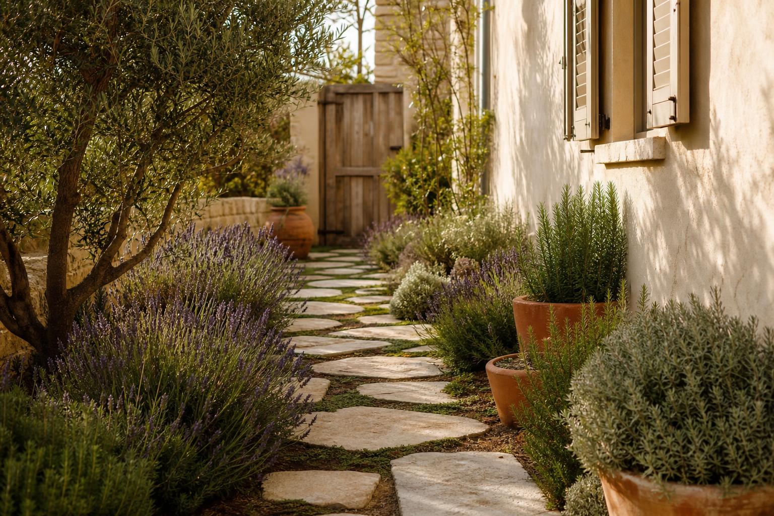 Mediterranean Garden Ideas With Lavender Borders and Reclaimed Stone Paths for Narrow Side Yards