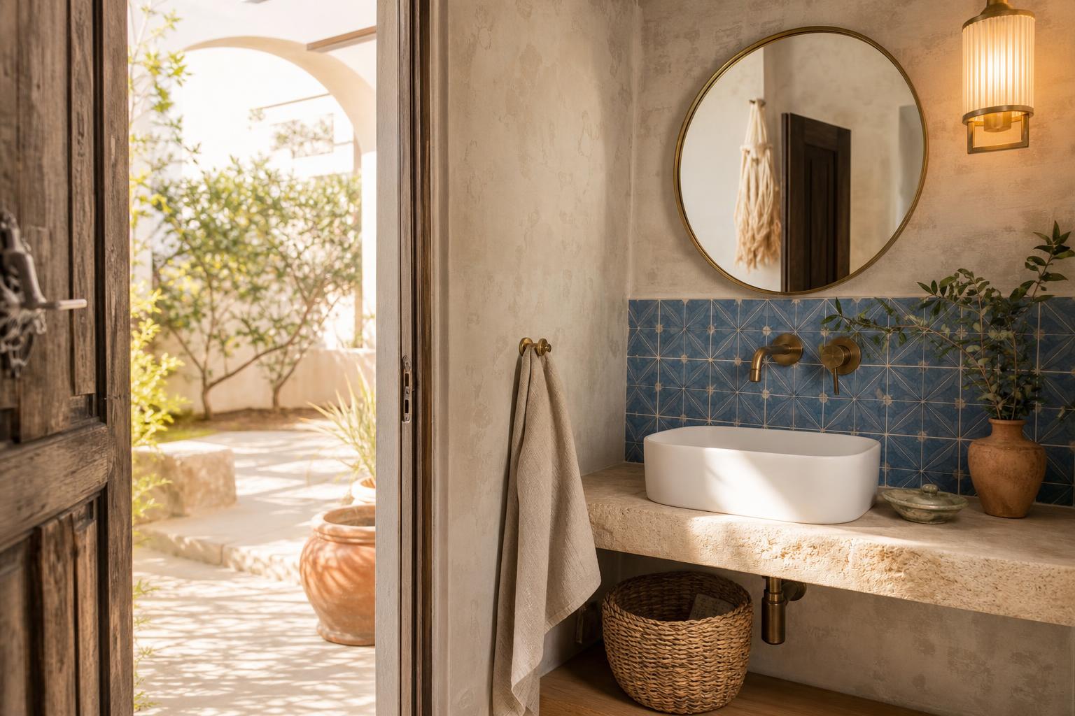 Mediterranean Color Palette Ideas With Aegean Blue and Limewash White for Tiny Rental Powder Rooms